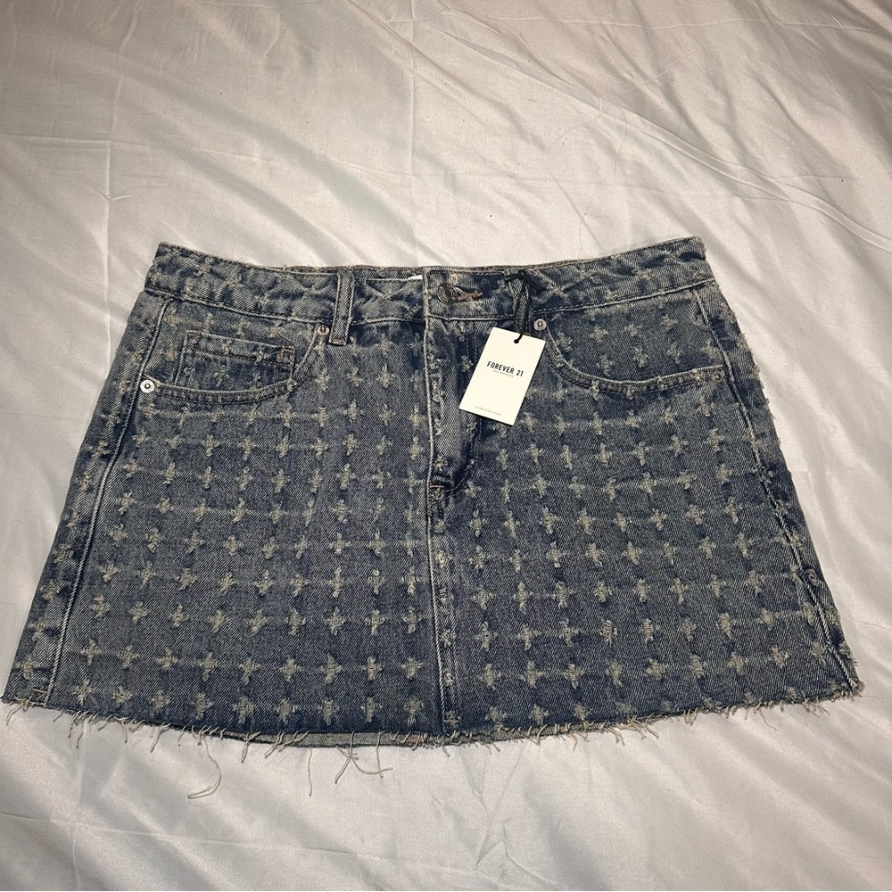 Denim Mini Skirt with Distressed Cross Patterns size Large NWT